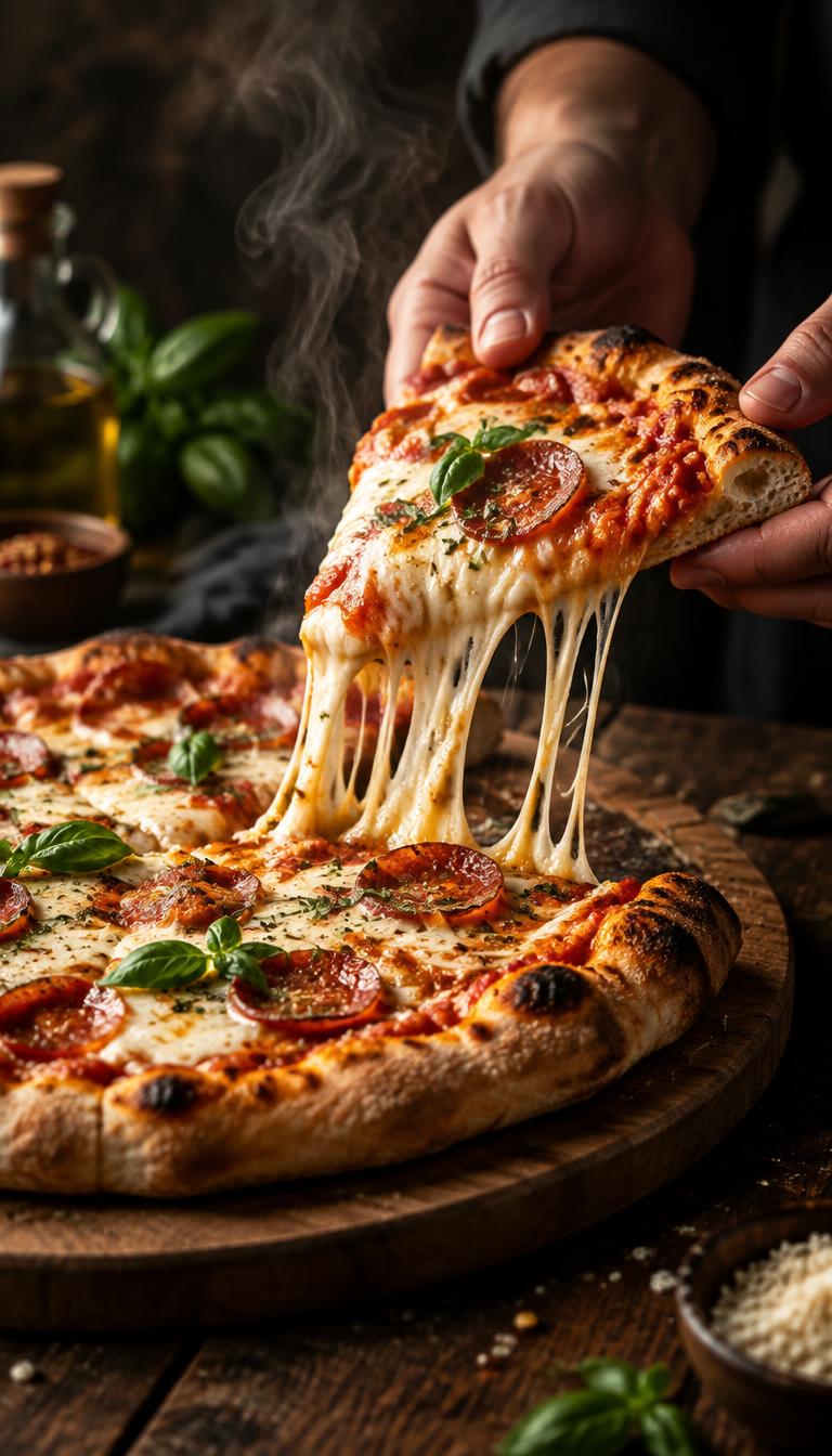 Stone-baked, cheese pull proof